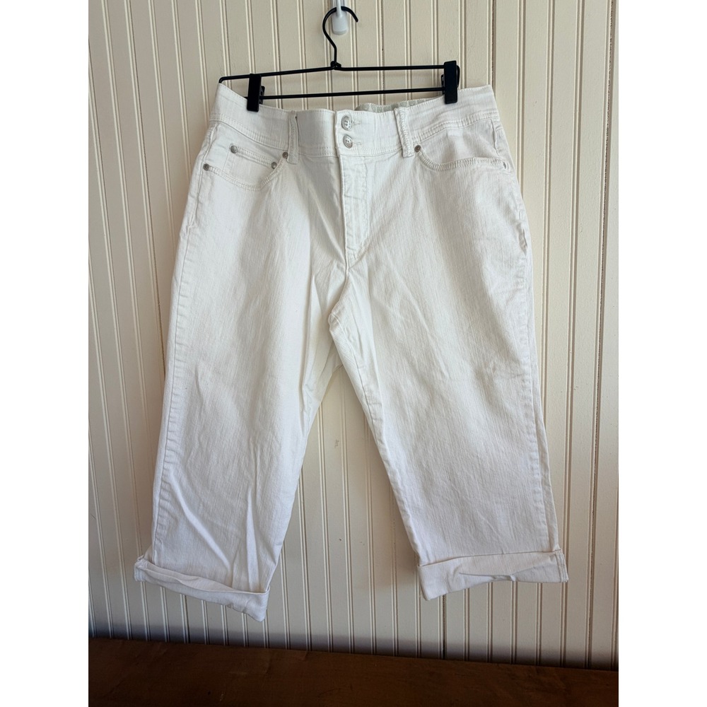 Bandolino Blu White Denim Capri Pants Cuffed Stretch Size 14 Cropped Jeans